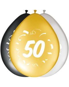 50 års Ballonger Svart, guld och silver 8x - 30 cm
