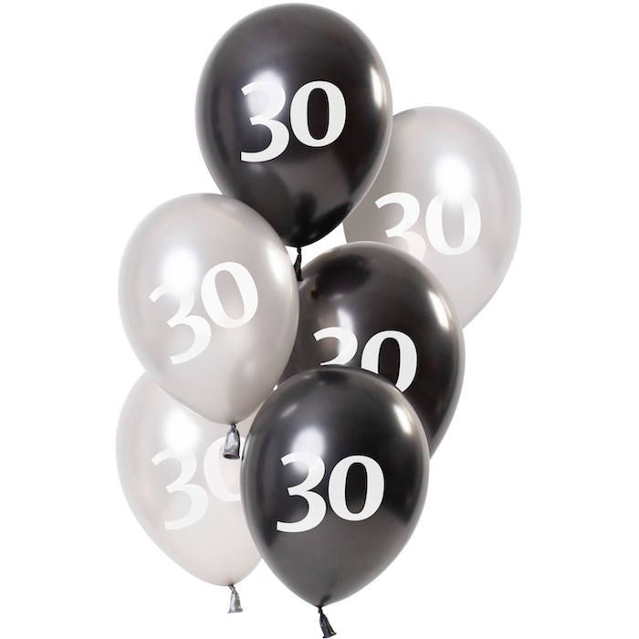 30-årsballonger metallic svart och silver 6x - 23 cm