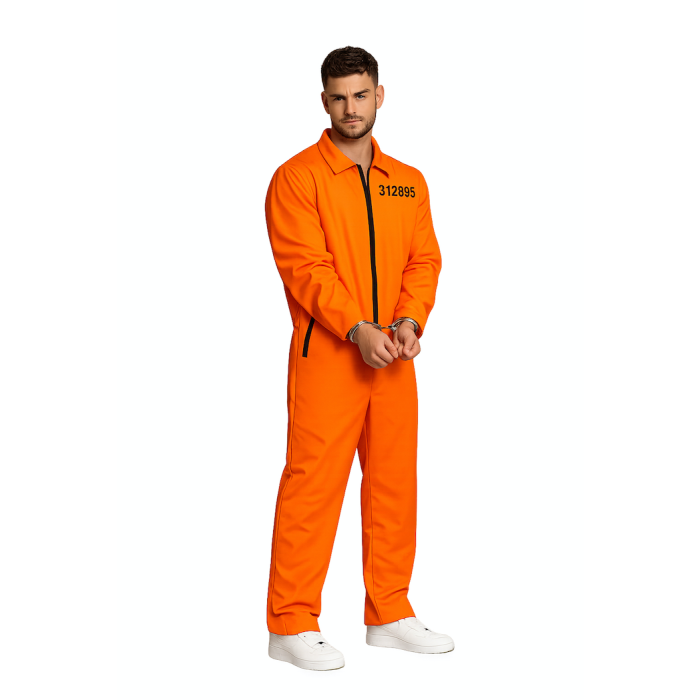 Fængselsdragt kostume orange deluxe inkl. håndjern