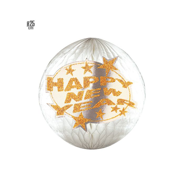 Honeycomb pappersboll glitter silver med guld happy new year 25 cm 