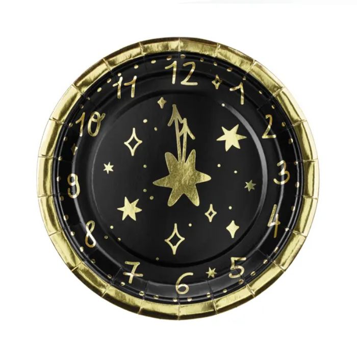 Engångstallrikar nyår klockan 12 svart 6x - 18cm