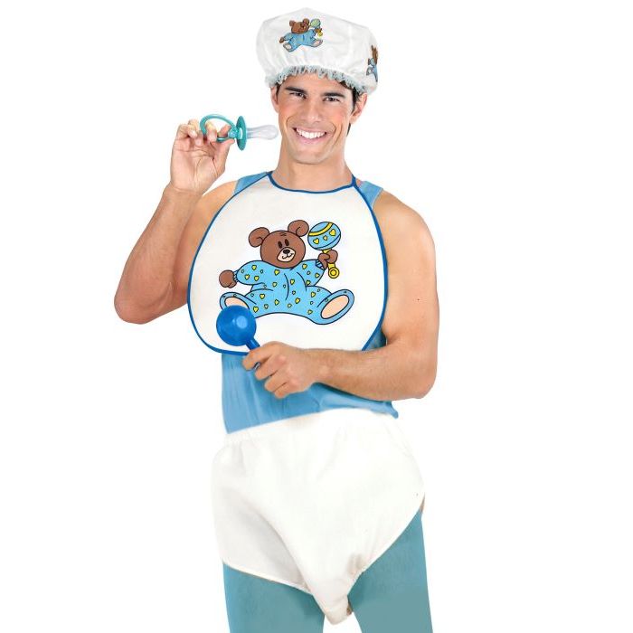 Hvidt og blåt voksenbaby kostume 3 dele - onesize