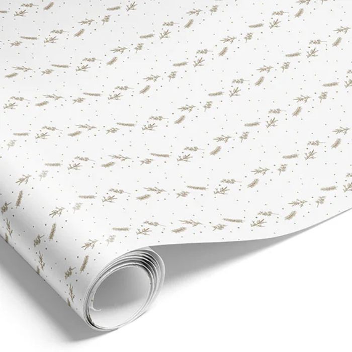 Gavepapir i hvid med guld motiver - 1000x70 cm