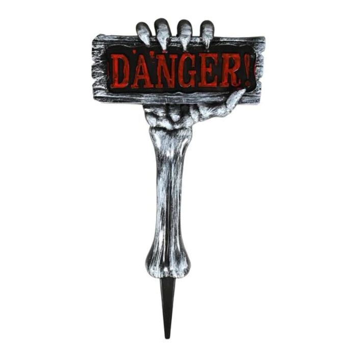 Silver halloween skelethand skylt danger 28x54 cm Det Gamla Apoteket