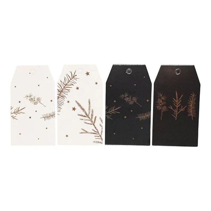 Presentetiketter i vitt och svart med guldmotiv evergreen 6x Det Gamla Apoteket