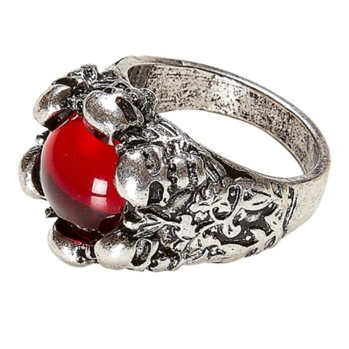 Perlering med rød perle og dødningehoveder - onesize