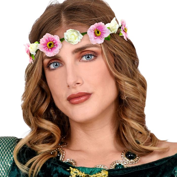 Blommidiadem med rosa band