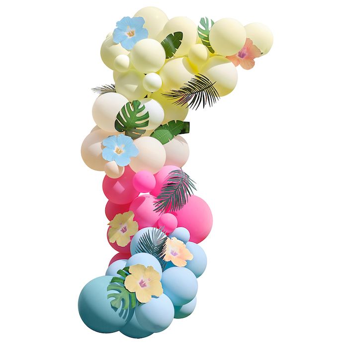 Färgglad Hawaii ballongbåge inkl. ballonger, blommor och palmblad