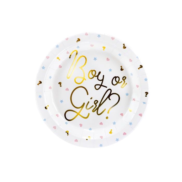 Vita gender reveal pappers tallrikar med guldtryck och motiv 6x - Ø 23 cm