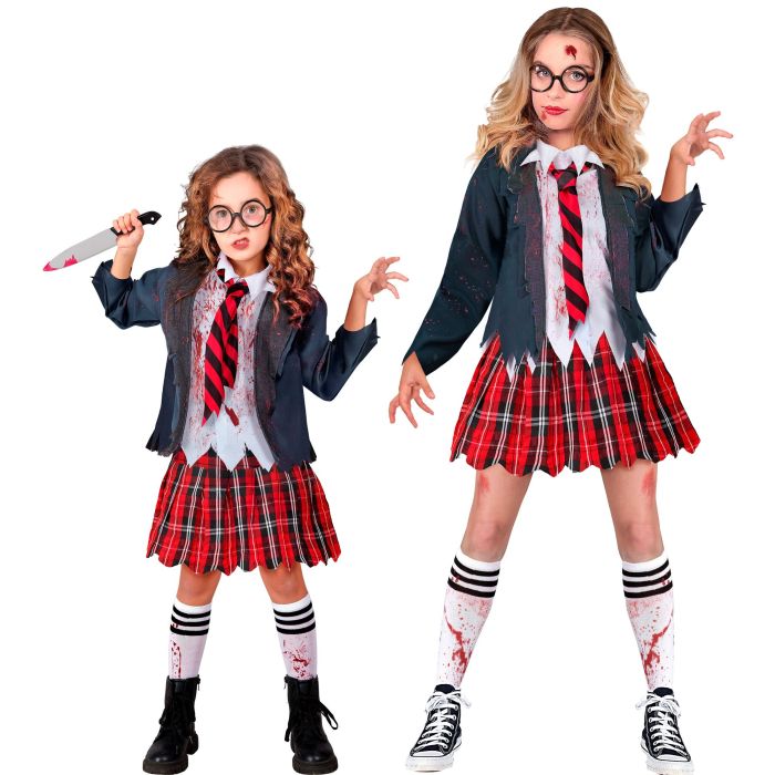 Zombie skolflicka kostym för tjejer - 4 delar