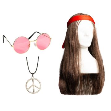 Hippie-set inklusive glasögon, peruk med pannband och halsband för män