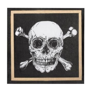Dödskalle pirat servetter med guld kant 20x - 33x33 cm