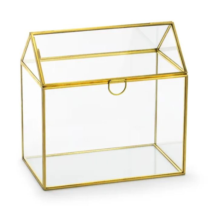 Glashus presentkorthållare i guld 13x21x21cm