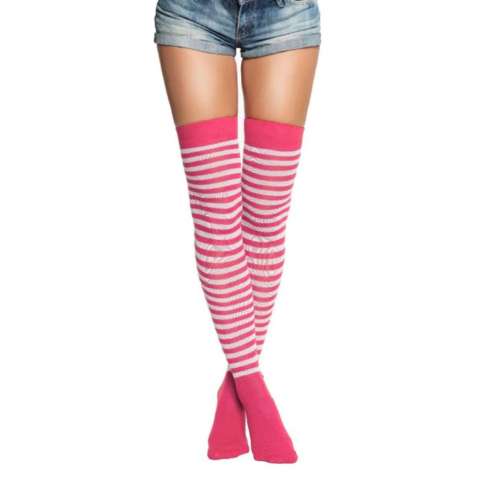 Over-knee strumpor one-size neon rosa och vit
