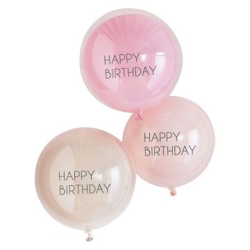 Dubbellagers Happy Birthday Ballonger Ljusrosa 3 stk. - 45 cm