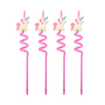 Enhörning sugrör rosa återanvändbar 4x