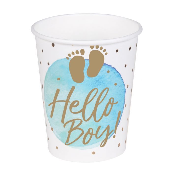 Vit och blå pappersmugg med text för pojke 10x - 210 ml