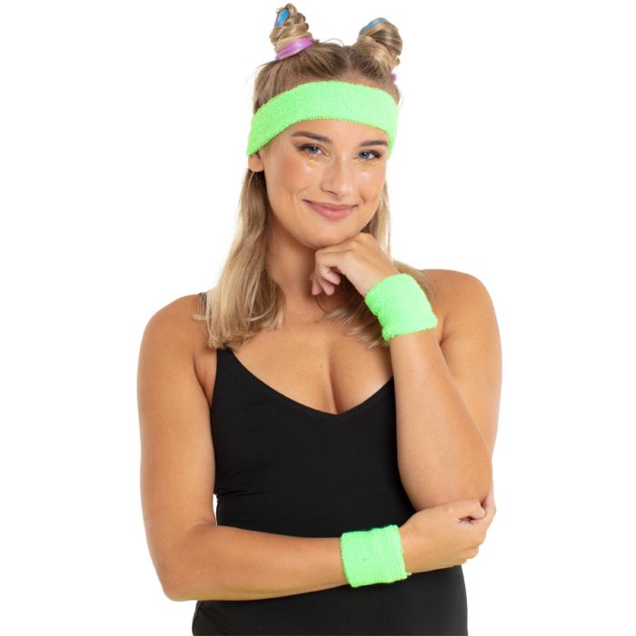 Svettband set i neongrön med 2x handledsband och huvudband