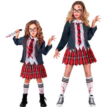 Zombie skolflicka kostym för tjejer - 4 delar