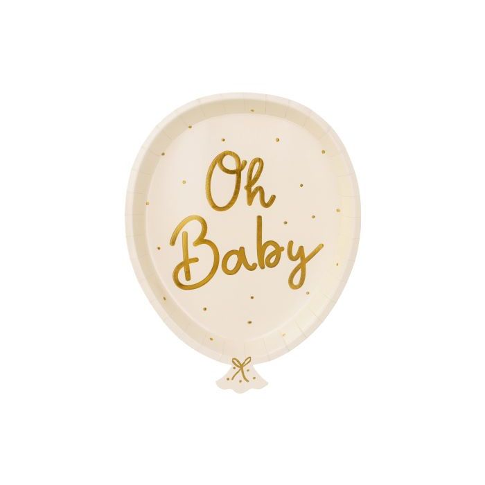 Ballongformade vita papptallrikar med guldprickar och guldtext 6x - 22x17,5 cm