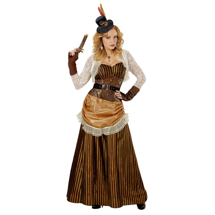 Randig steampunkklänning i brun och guld