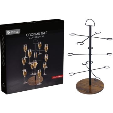 Cocktailträd för 12 glas i svart järn med träfot