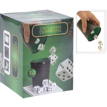 Tärningsspel med tärningsbägare, 5 tärningar och block