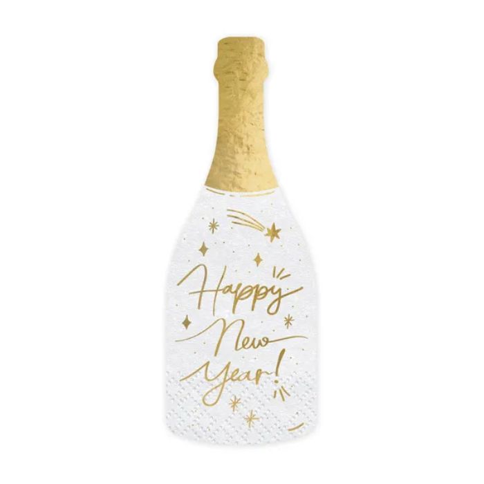 Champagneflaskservetter vita med gulddetaljer nyår 20x - 7x19 cm