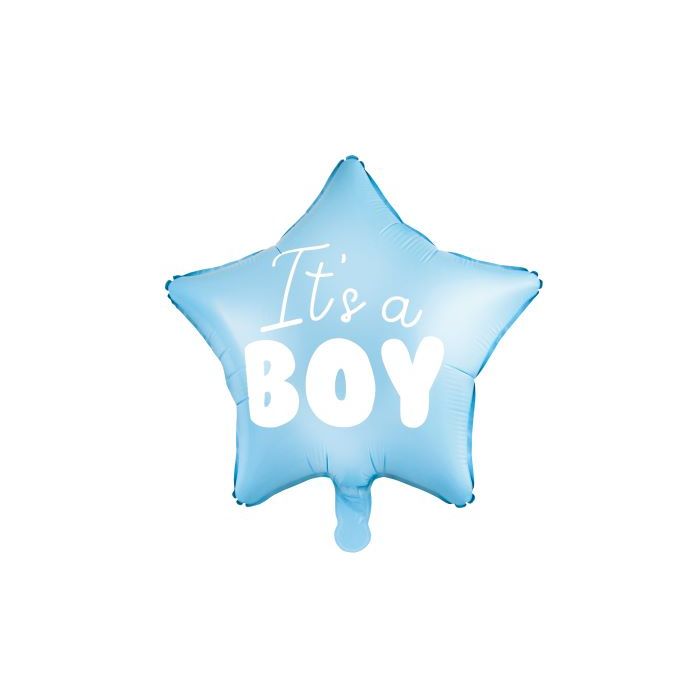 Ljusblå babyshower stjärnfolieballong med vit text pojke - 48 m