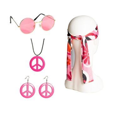 Hippie peace pink set inkl hårband, glasögon, örhängen, halsband