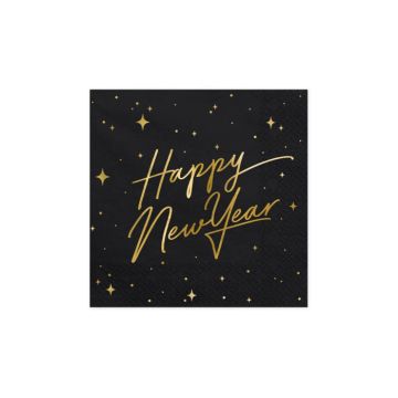 Nyårsservetter happy new year svart 20x - 33x33 cm