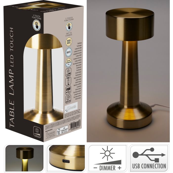 Uppladdningsbar bordslampa i guldfärgat järn ca. 21 cm