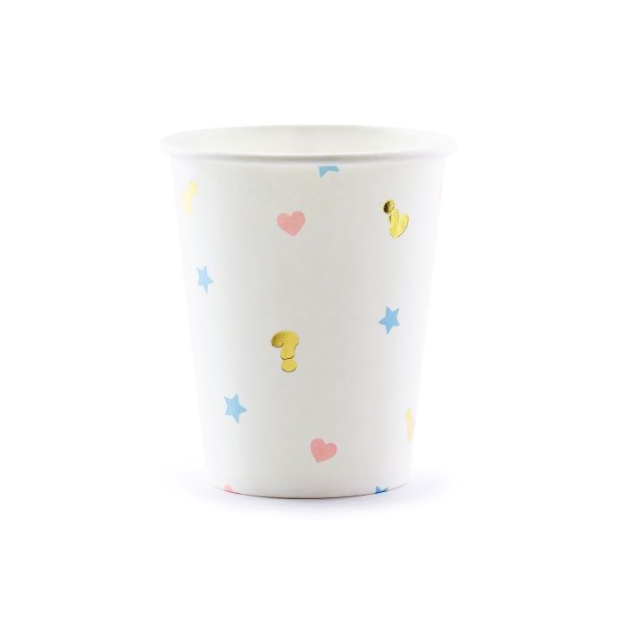 Vita gender reveal papperskoppar med motiv 6x - 200 ml