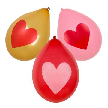 Guld, röd och rosa ballonger med hjärtan 6x - 25 cm