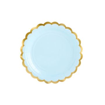 Ljusblåa papptallrikar med guldkant 6x - Ø 18 cm