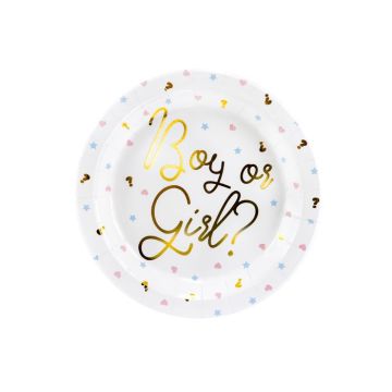 Vita gender reveal pappers tallrikar med guldtryck och motiv 6x - Ø 23 cm