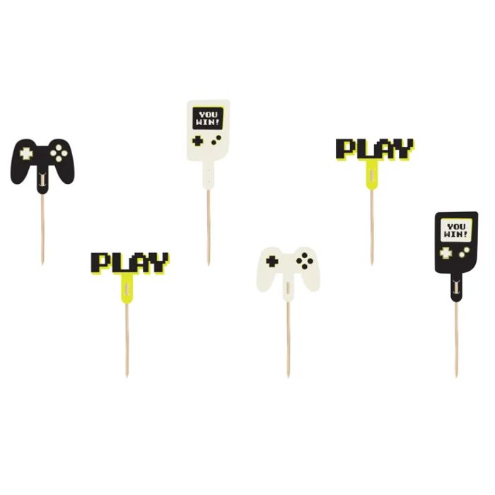 Cupcake dekorationspinnar med gamer motiv 6x - 6-10,5 cm