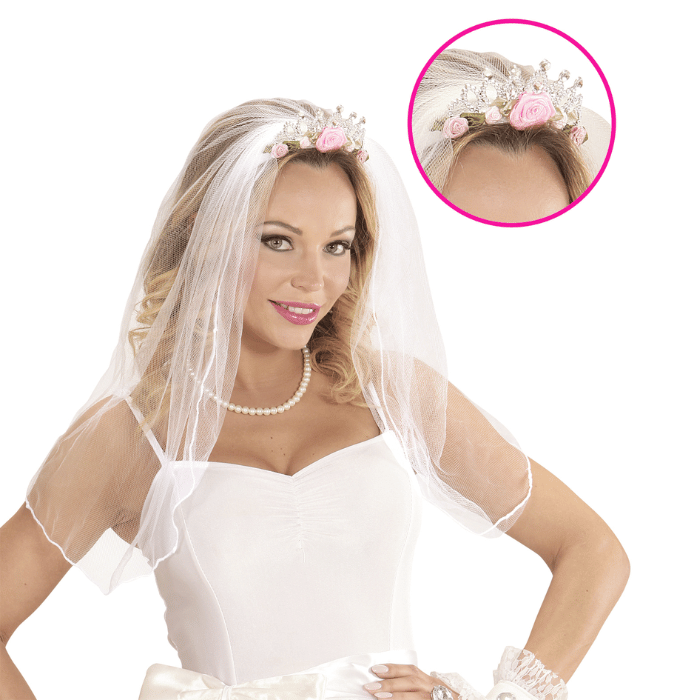 Tiara med slöja och blommor silver
