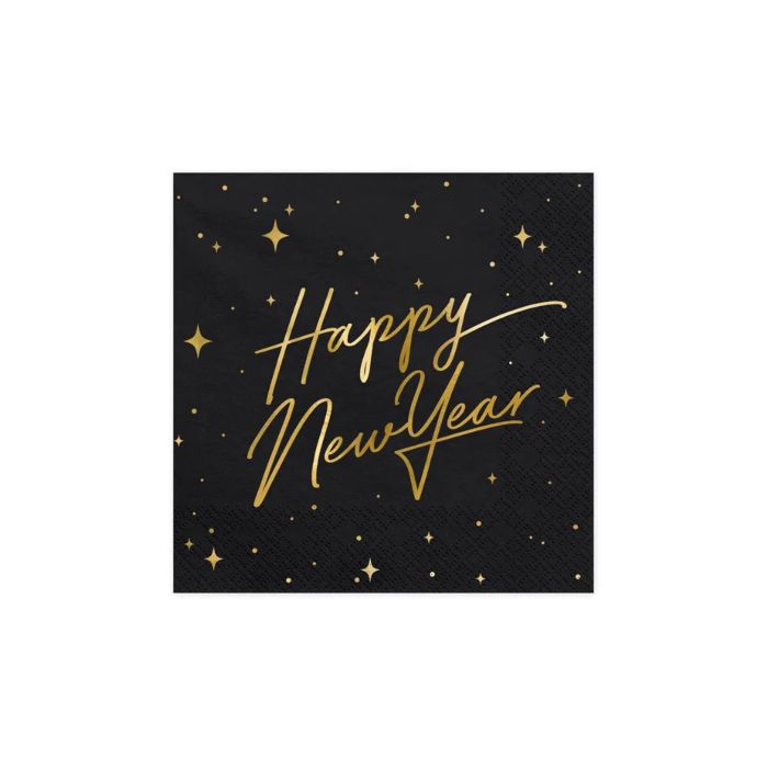 Nyårsservetter happy new year svart 20x - 33x33 cm