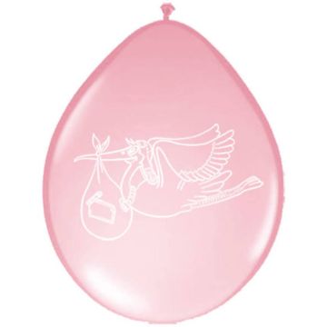 Rosa ballonger med stork 8x - 30cm