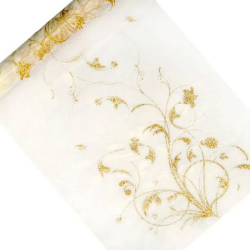 Organza bordløber cremefarvet med guldmønster 0,36x9 m