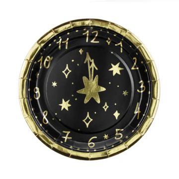 Engångstallrikar nyår klockan 12 svart 6x - 18cm