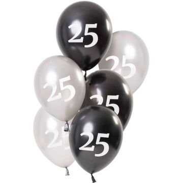 25 Års Ballonger Metallic Svart Och Silver 6x - 23 cm
