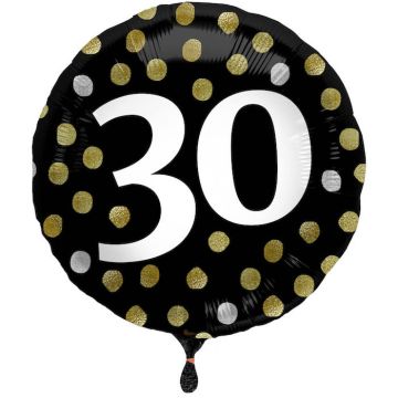30 Års Folie Ballong Svart Med Prickar - 45 cm