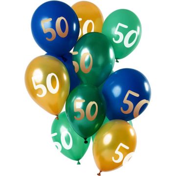 50 års ballonger grön, blå & guld 12x - 33 cm
