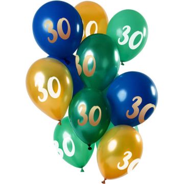 30 Års Ballonger Grön, Blå Och Guld 12x - 33 cm