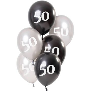 50 Års Ballonger Metallic Svart Och Silver 6x - 23 cm