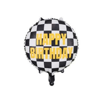 Folieballong happy birthday med rutigt flagg 45 cm