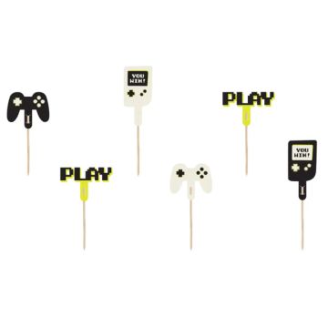 Cupcake dekorationspinnar med gamer motiv 6x - 6-10,5 cm