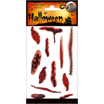 Falske halloween blodige sår tatoveringer - 12x Falske halloween blodige sår tatoveringer - 12x